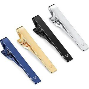 Mens tie clips set silver gold black blue initial bar for wedding business suit